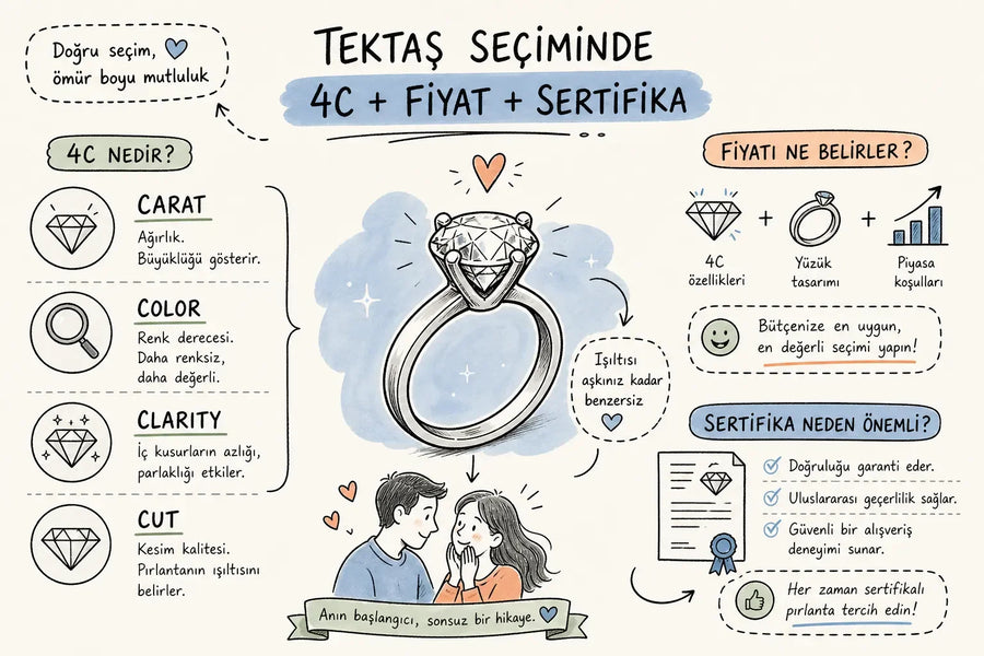Tektaş pırlanta yüzük rehberi: 4C, fiyat ve sertifika