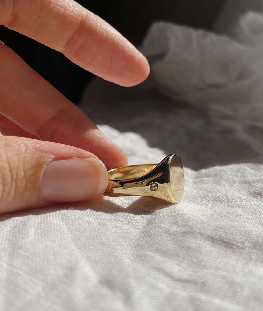 Minik Pırlantalar Detaylı Unisex Boi Signet Yüzük 14K