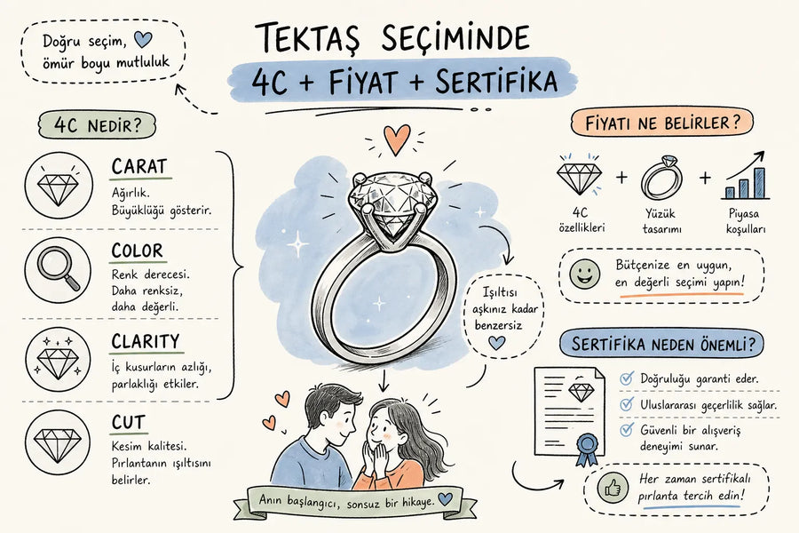 Tektaş pırlanta yüzük rehberi: 4C, fiyat ve sertifika