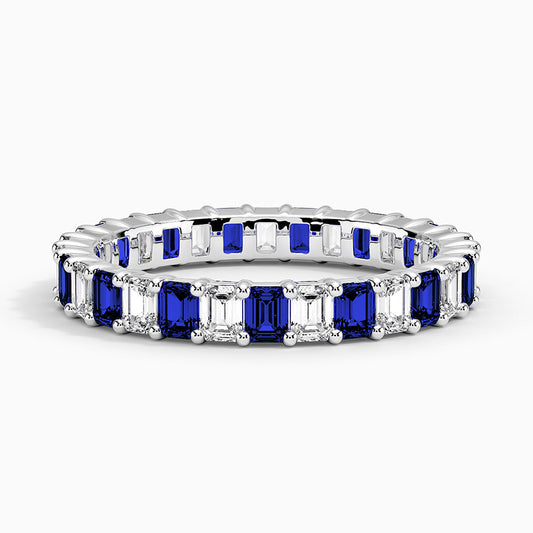 Emerald Cut Blue Sapphire and Diamond Eternity Ring