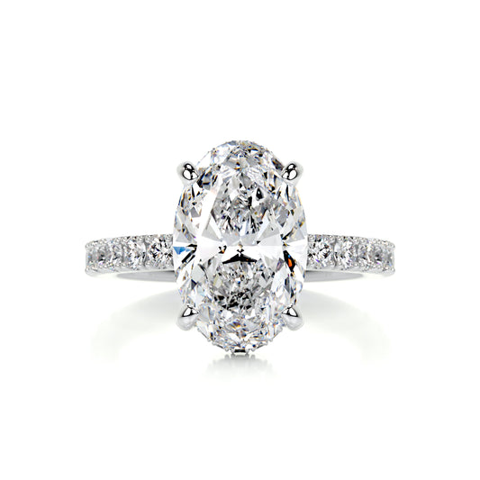 Hidden Halo Oval Arms Thin Row Stone Diamond Engagement Ring