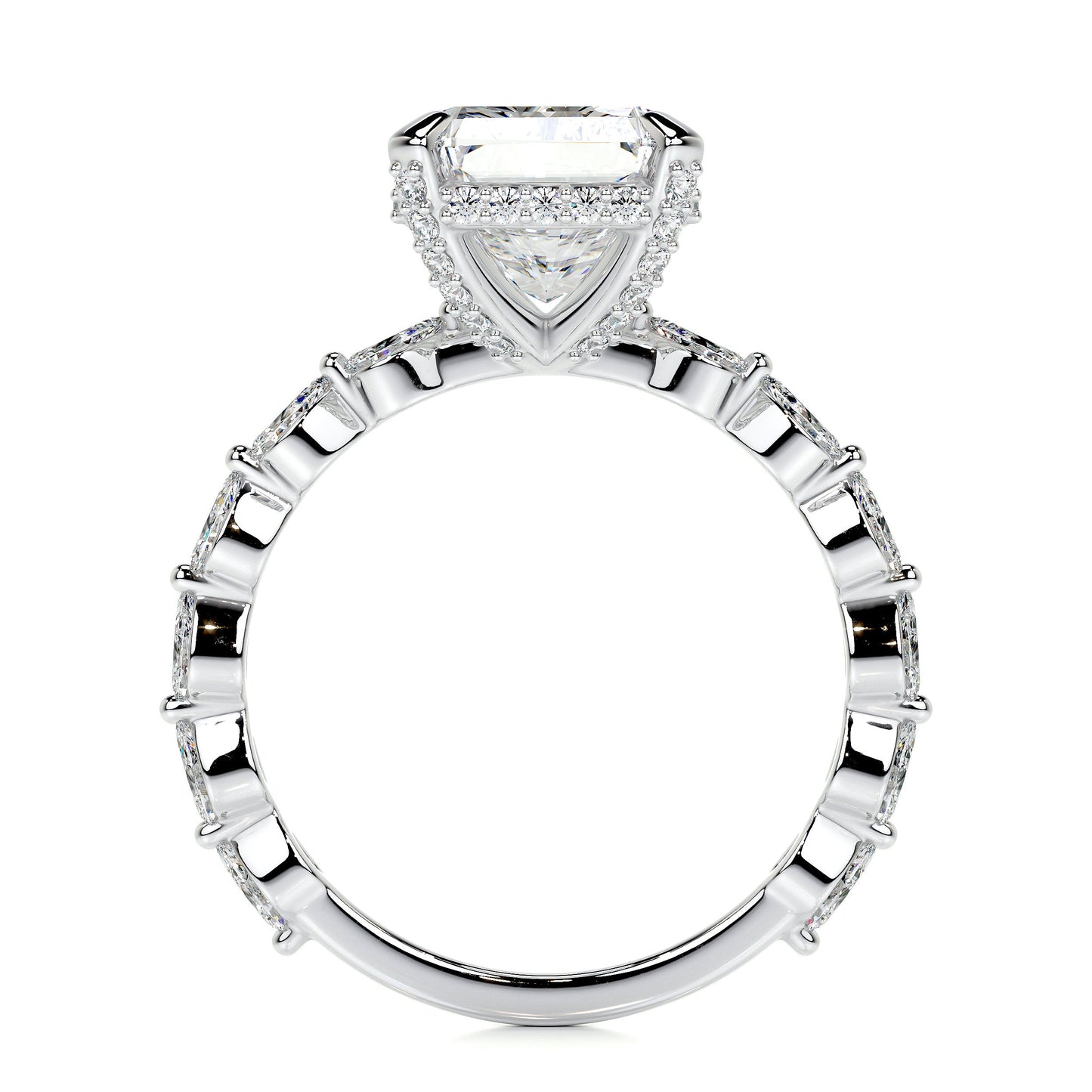 Radiant Arms Single Row Stone Hidden Halo Diamond Engagement Ring