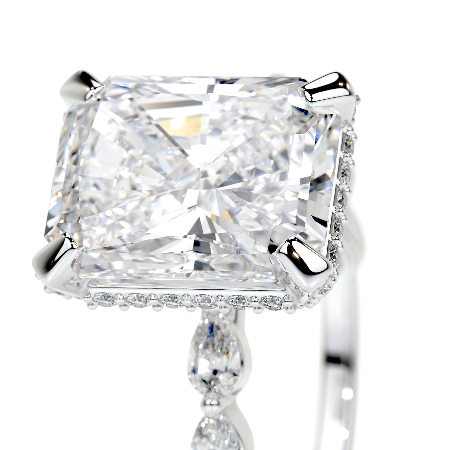 Radiant Arms Single Row Stone Hidden Halo Diamond Engagement Ring