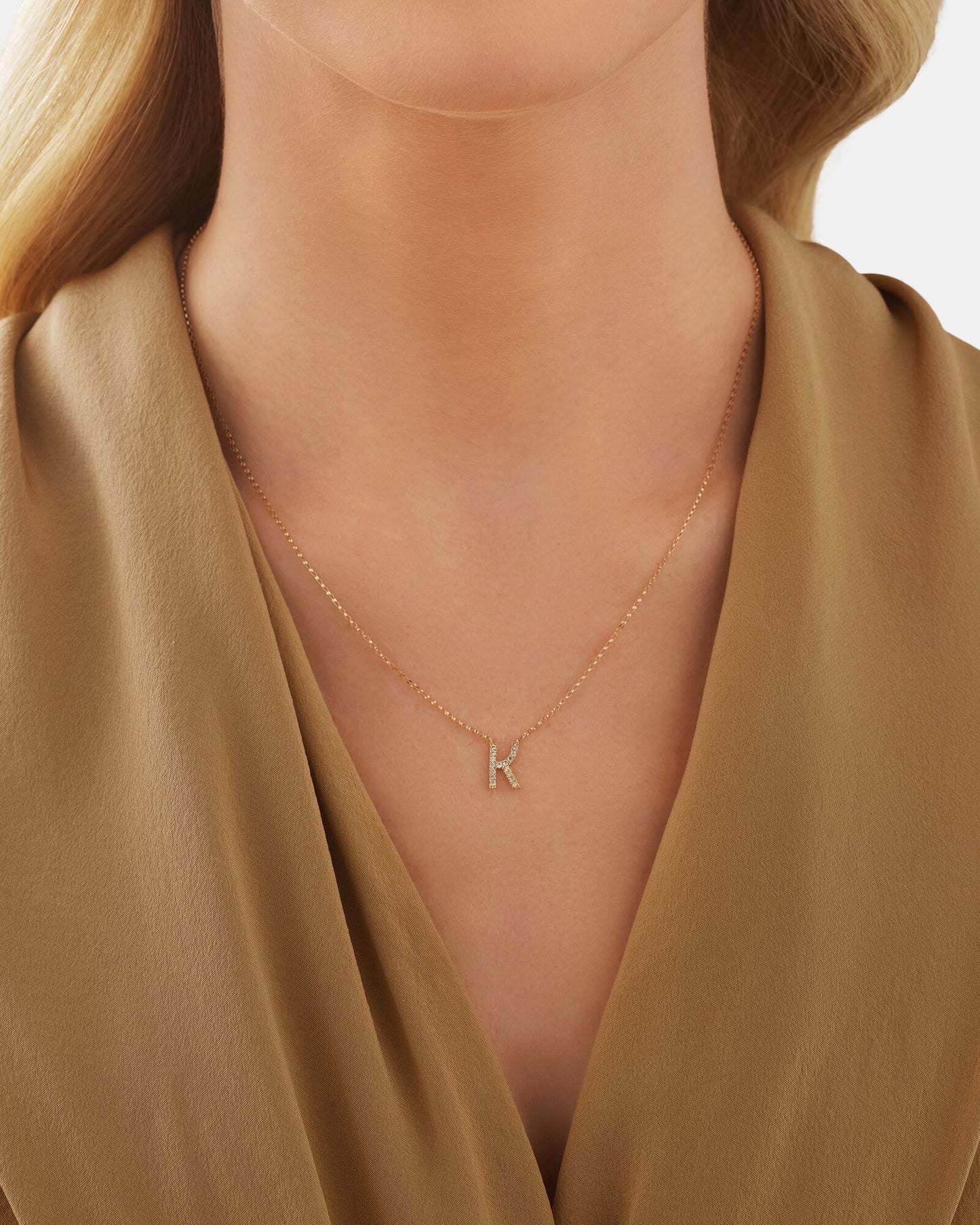 Gold K Letter Necklace with Diamond Stone