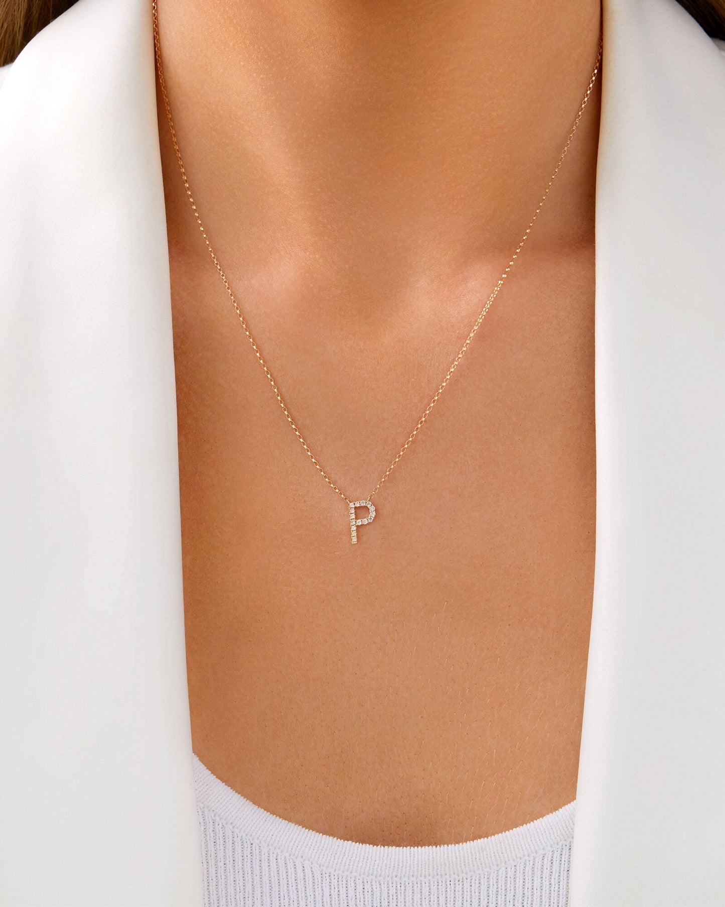 Gold P Letter Necklace with Diamond Stone