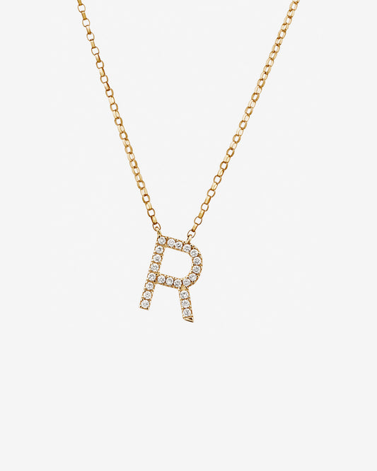 Gold R Letter Necklace with Diamond Stone