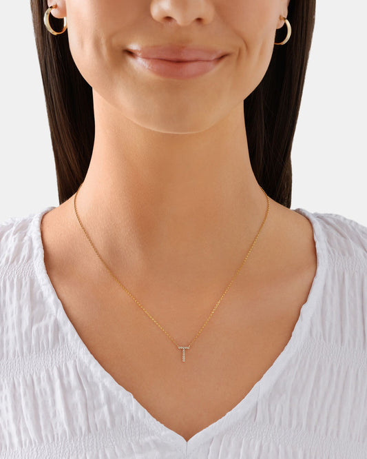 Gold T Letter Necklace with Diamond Stone